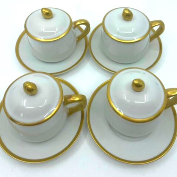 FITZ FLOYD 4 White Gold Espresso Demitasse Custard Desert Cups Lids Saucers RARE - Picture 2 of 8